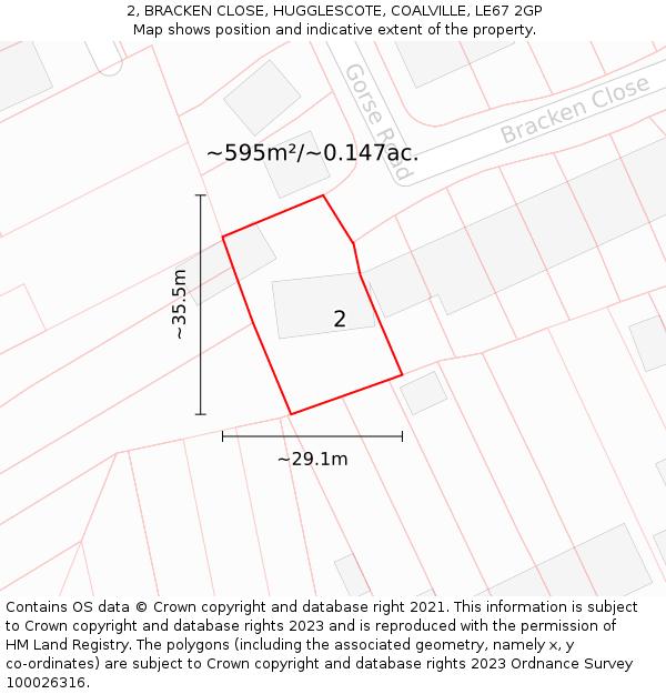2, BRACKEN CLOSE, HUGGLESCOTE, COALVILLE, LE67 2GP: Plot and title map