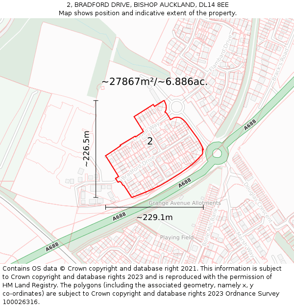 2, BRADFORD DRIVE, BISHOP AUCKLAND, DL14 8EE: Plot and title map