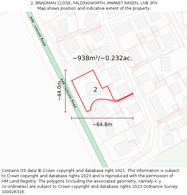 2, BRADMAN CLOSE, FALDINGWORTH, MARKET RASEN, LN8 3FH: Plot and title map
