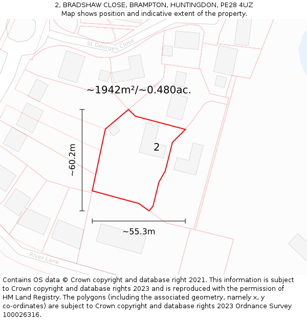 2, BRADSHAW CLOSE, BRAMPTON, HUNTINGDON, PE28 4UZ: Plot and title map