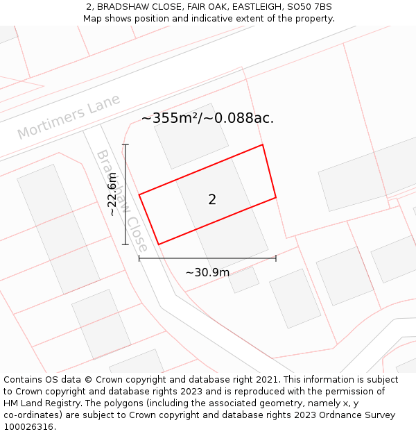 2, BRADSHAW CLOSE, FAIR OAK, EASTLEIGH, SO50 7BS: Plot and title map