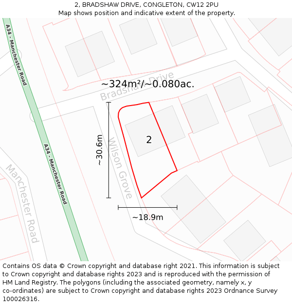 2, BRADSHAW DRIVE, CONGLETON, CW12 2PU: Plot and title map