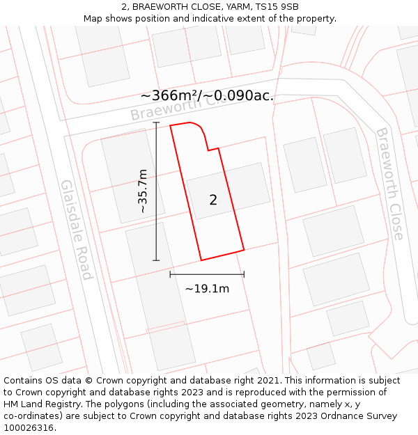 2, BRAEWORTH CLOSE, YARM, TS15 9SB: Plot and title map