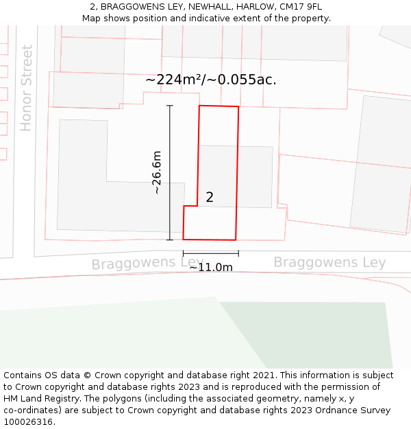 2, BRAGGOWENS LEY, NEWHALL, HARLOW, CM17 9FL: Plot and title map