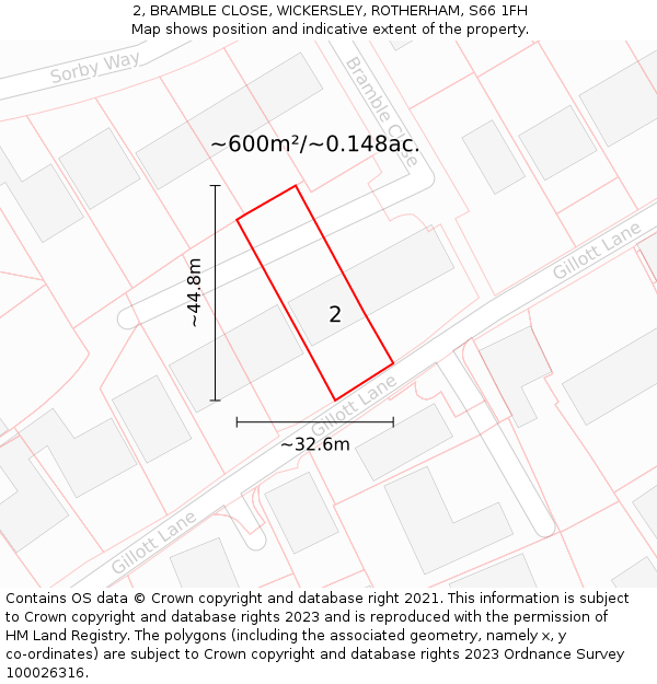 2, BRAMBLE CLOSE, WICKERSLEY, ROTHERHAM, S66 1FH: Plot and title map
