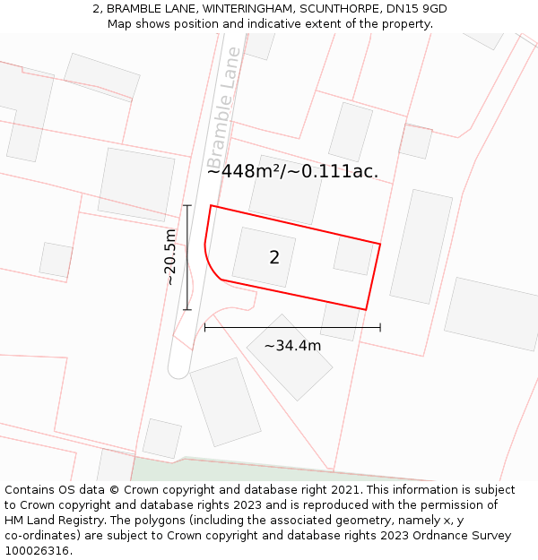 2, BRAMBLE LANE, WINTERINGHAM, SCUNTHORPE, DN15 9GD: Plot and title map