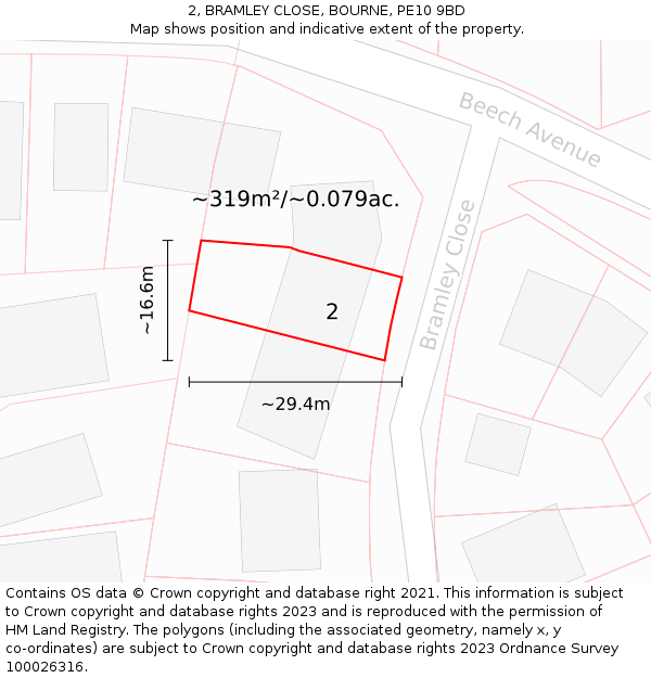 2, BRAMLEY CLOSE, BOURNE, PE10 9BD: Plot and title map