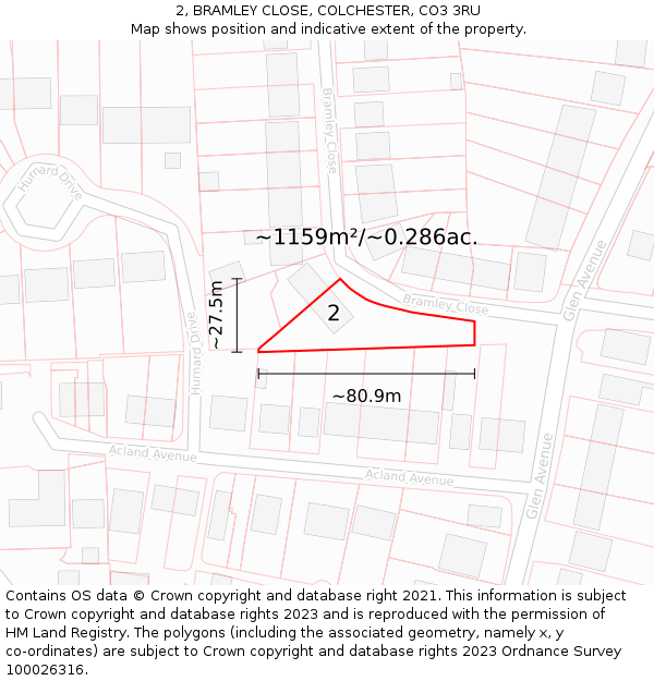 2, BRAMLEY CLOSE, COLCHESTER, CO3 3RU: Plot and title map