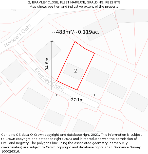 2, BRAMLEY CLOSE, FLEET HARGATE, SPALDING, PE12 8TG: Plot and title map