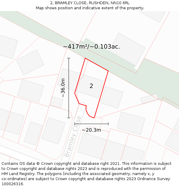 2, BRAMLEY CLOSE, RUSHDEN, NN10 6RL: Plot and title map