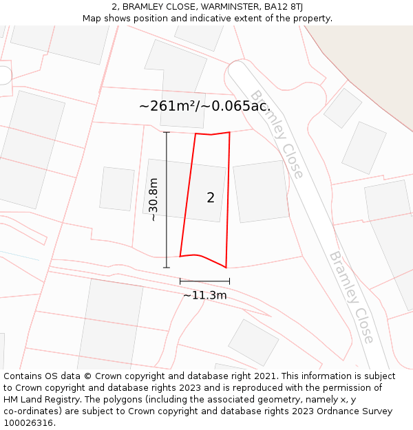 2, BRAMLEY CLOSE, WARMINSTER, BA12 8TJ: Plot and title map