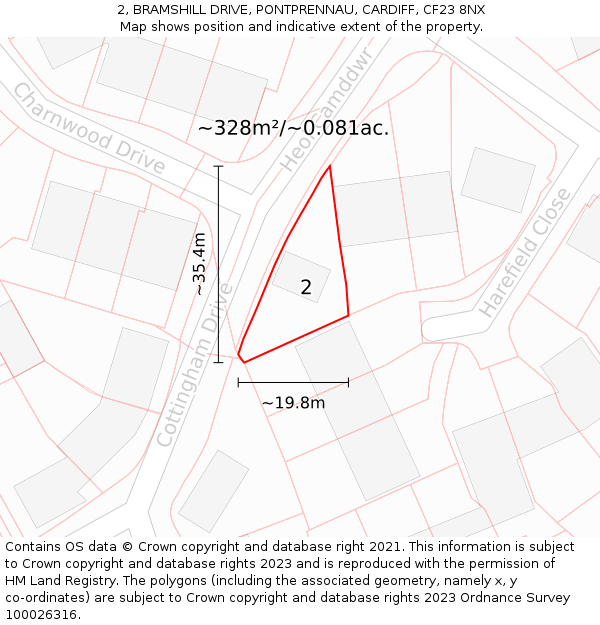 2, BRAMSHILL DRIVE, PONTPRENNAU, CARDIFF, CF23 8NX: Plot and title map