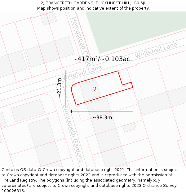 2, BRANCEPETH GARDENS, BUCKHURST HILL, IG9 5JL: Plot and title map