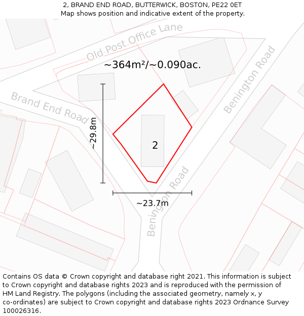 2, BRAND END ROAD, BUTTERWICK, BOSTON, PE22 0ET: Plot and title map