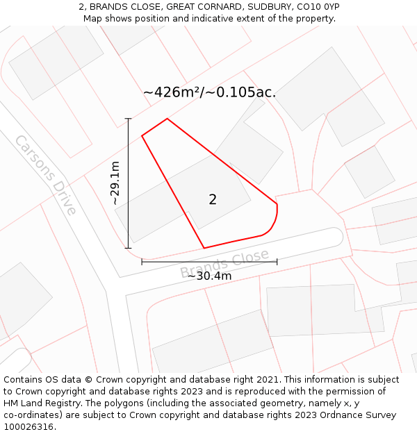 2, BRANDS CLOSE, GREAT CORNARD, SUDBURY, CO10 0YP: Plot and title map