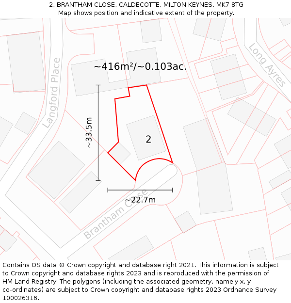 2, BRANTHAM CLOSE, CALDECOTTE, MILTON KEYNES, MK7 8TG: Plot and title map