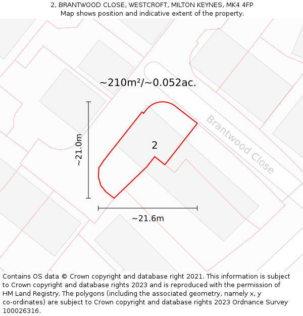2, BRANTWOOD CLOSE, WESTCROFT, MILTON KEYNES, MK4 4FP: Plot and title map