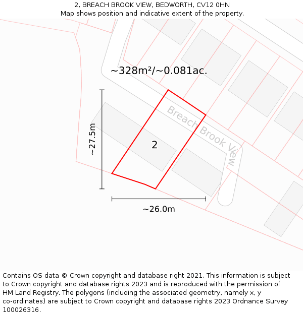 2, BREACH BROOK VIEW, BEDWORTH, CV12 0HN: Plot and title map