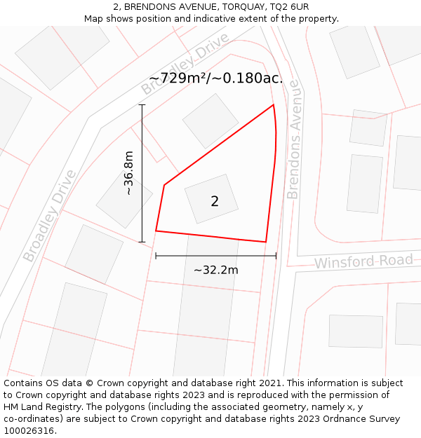 2, BRENDONS AVENUE, TORQUAY, TQ2 6UR: Plot and title map