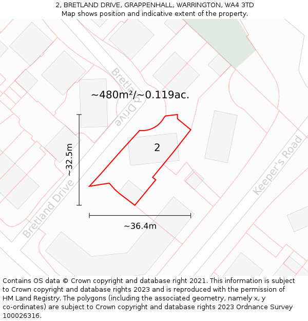 2, BRETLAND DRIVE, GRAPPENHALL, WARRINGTON, WA4 3TD: Plot and title map