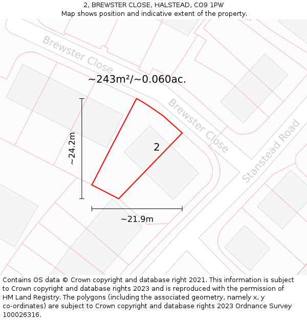 2, BREWSTER CLOSE, HALSTEAD, CO9 1PW: Plot and title map
