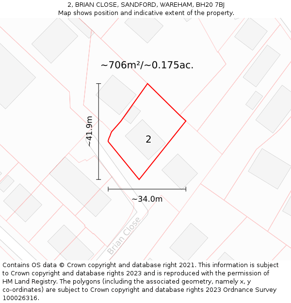 2, BRIAN CLOSE, SANDFORD, WAREHAM, BH20 7BJ: Plot and title map