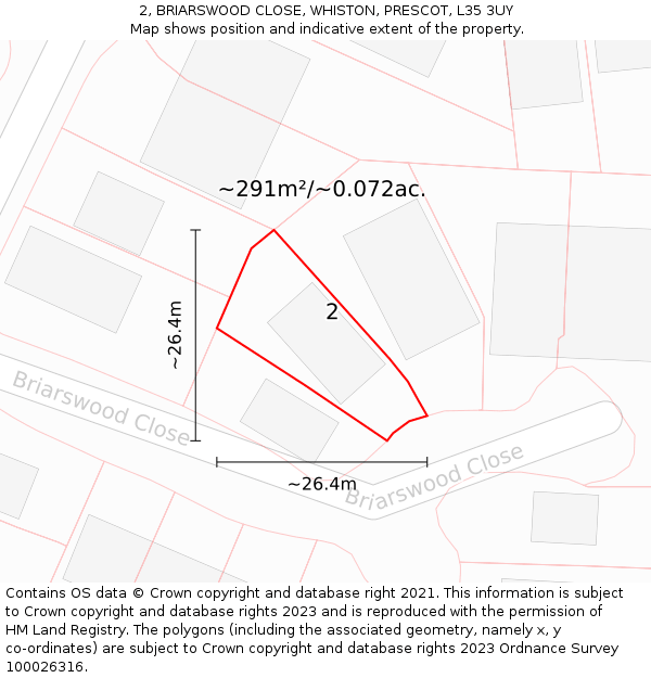 2, BRIARSWOOD CLOSE, WHISTON, PRESCOT, L35 3UY: Plot and title map