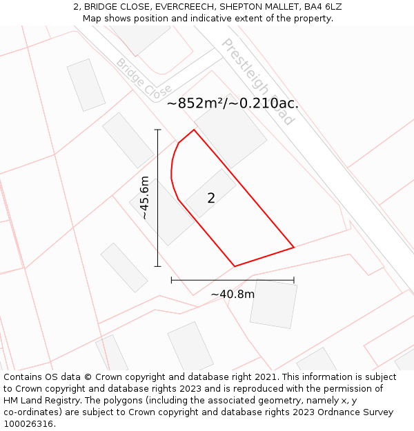 2, BRIDGE CLOSE, EVERCREECH, SHEPTON MALLET, BA4 6LZ: Plot and title map