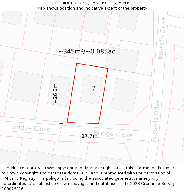 2, BRIDGE CLOSE, LANCING, BN15 8BS: Plot and title map