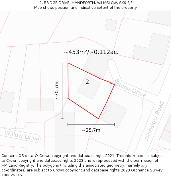 2, BRIDGE DRIVE, HANDFORTH, WILMSLOW, SK9 3JF: Plot and title map