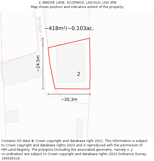2, BRIDGE LANE, SCOPWICK, LINCOLN, LN4 3PB: Plot and title map