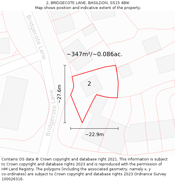 2, BRIDGECOTE LANE, BASILDON, SS15 4BW: Plot and title map