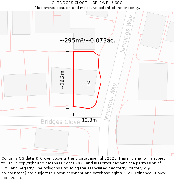 2, BRIDGES CLOSE, HORLEY, RH6 9SG: Plot and title map