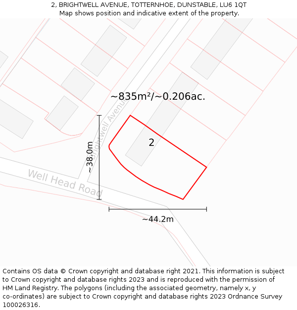 2, BRIGHTWELL AVENUE, TOTTERNHOE, DUNSTABLE, LU6 1QT: Plot and title map