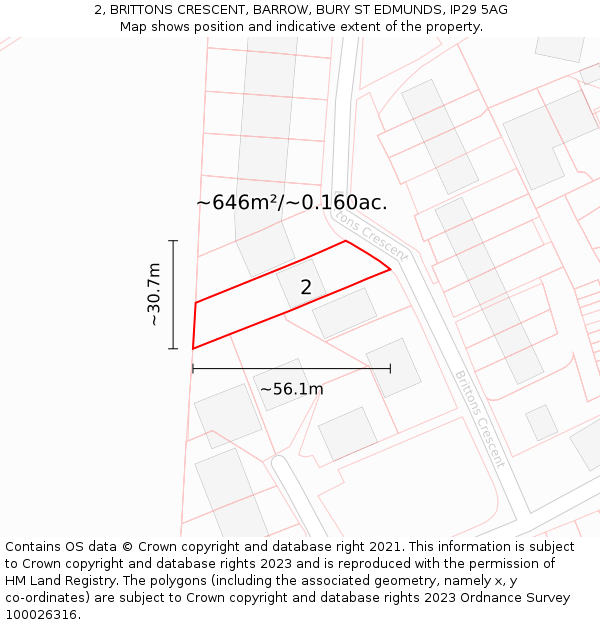 2, BRITTONS CRESCENT, BARROW, BURY ST EDMUNDS, IP29 5AG: Plot and title map