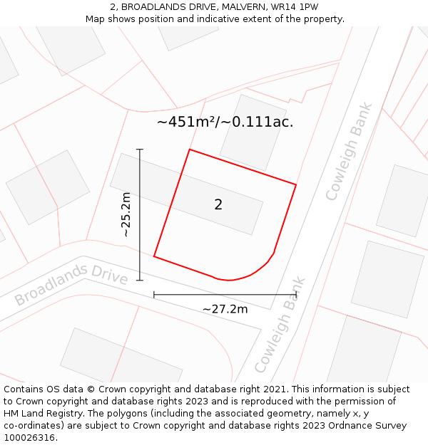 2, BROADLANDS DRIVE, MALVERN, WR14 1PW: Plot and title map