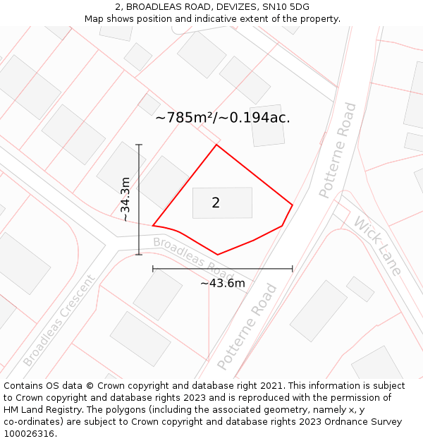 2, BROADLEAS ROAD, DEVIZES, SN10 5DG: Plot and title map