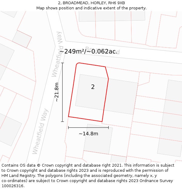 2, BROADMEAD, HORLEY, RH6 9XB: Plot and title map