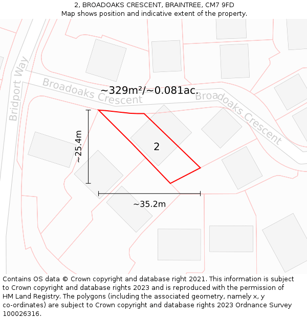 2, BROADOAKS CRESCENT, BRAINTREE, CM7 9FD: Plot and title map