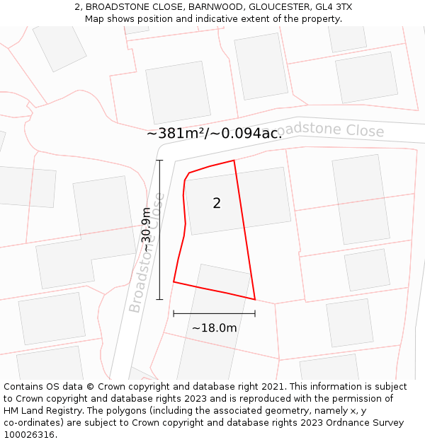 2, BROADSTONE CLOSE, BARNWOOD, GLOUCESTER, GL4 3TX: Plot and title map