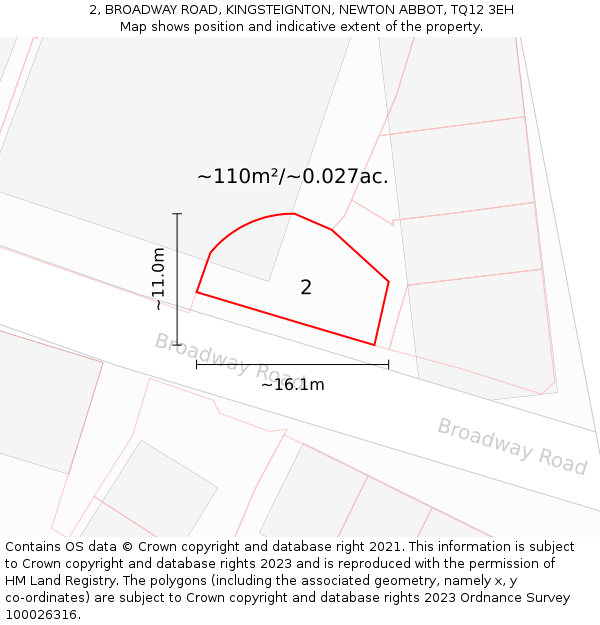2, BROADWAY ROAD, KINGSTEIGNTON, NEWTON ABBOT, TQ12 3EH: Plot and title map