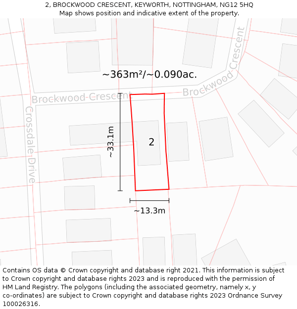 2, BROCKWOOD CRESCENT, KEYWORTH, NOTTINGHAM, NG12 5HQ: Plot and title map