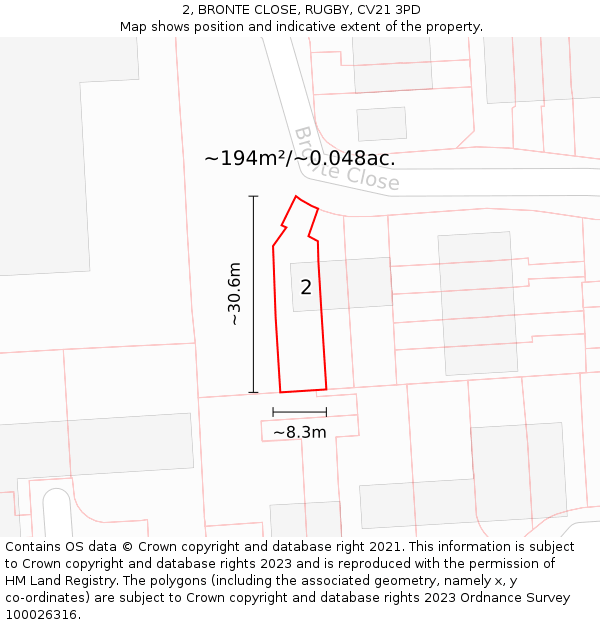 2, BRONTE CLOSE, RUGBY, CV21 3PD: Plot and title map