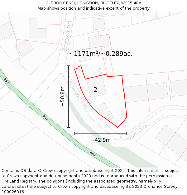 2, BROOK END, LONGDON, RUGELEY, WS15 4PA: Plot and title map