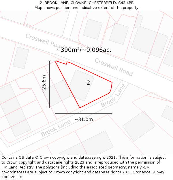2, BROOK LANE, CLOWNE, CHESTERFIELD, S43 4RR: Plot and title map