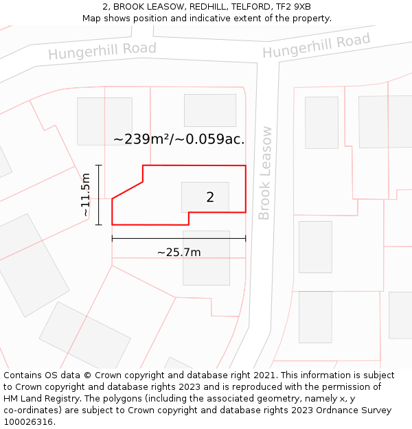 2, BROOK LEASOW, REDHILL, TELFORD, TF2 9XB: Plot and title map