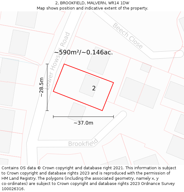 2, BROOKFIELD, MALVERN, WR14 1DW: Plot and title map