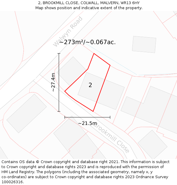 2, BROOKMILL CLOSE, COLWALL, MALVERN, WR13 6HY: Plot and title map