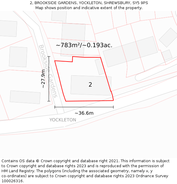 2, BROOKSIDE GARDENS, YOCKLETON, SHREWSBURY, SY5 9PS: Plot and title map