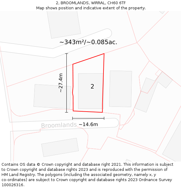 2, BROOMLANDS, WIRRAL, CH60 6TF: Plot and title map